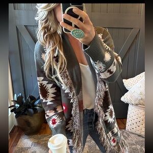 Oversized Aztec Cardigan Sweater Green Red M
